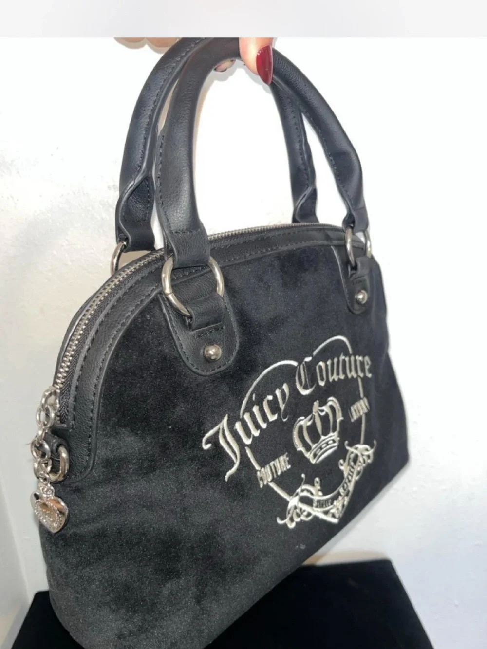 Juicy Couture Black Suede Embroidered Dome Satchel